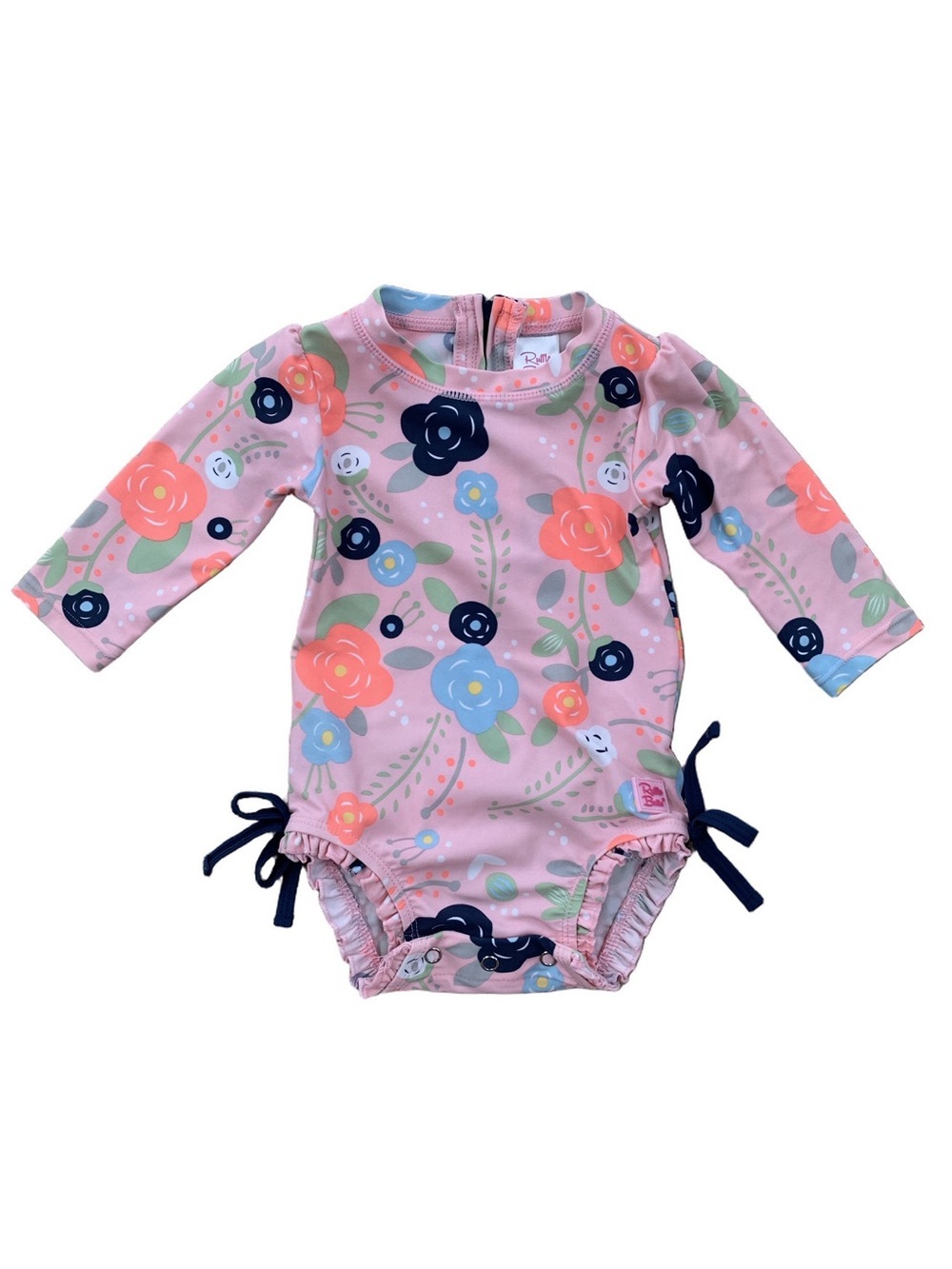 RuffleButts Size 3-6 Months Pink and Navy Flower Print One Piece Ruffle Swimsuit